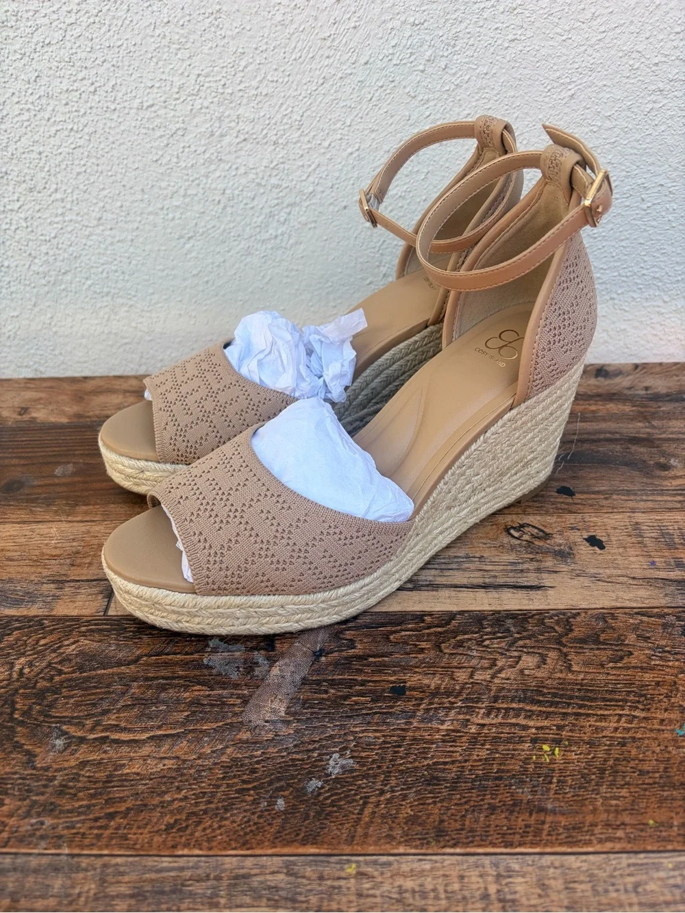 NWT and Box Womens Tan Espadrille Wedge Sandals with Ankle Strap